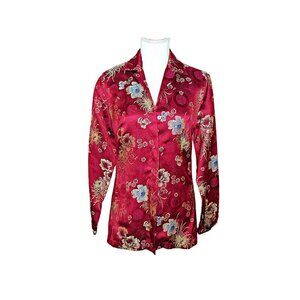 Chicos Burgundy Wine Floral Asian Inspired Collared Blazer Jacket Size 0 XS 4/6